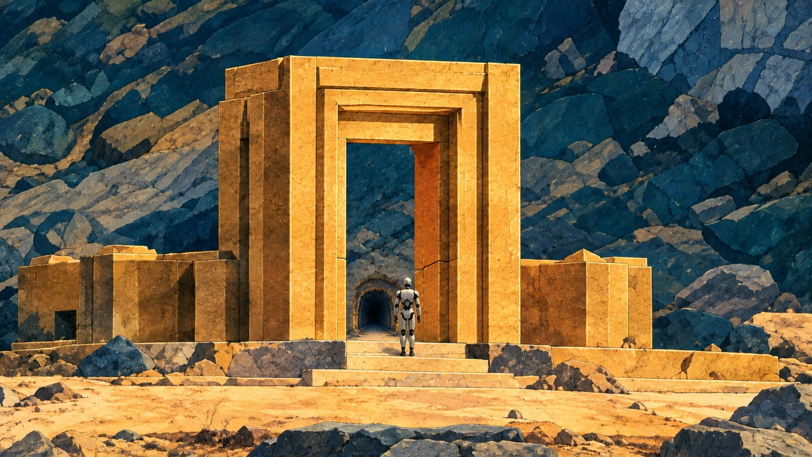 A monumental golden gate set into a dark rocky mountainside, a small robot standing at its threshold in front of a tunnel
