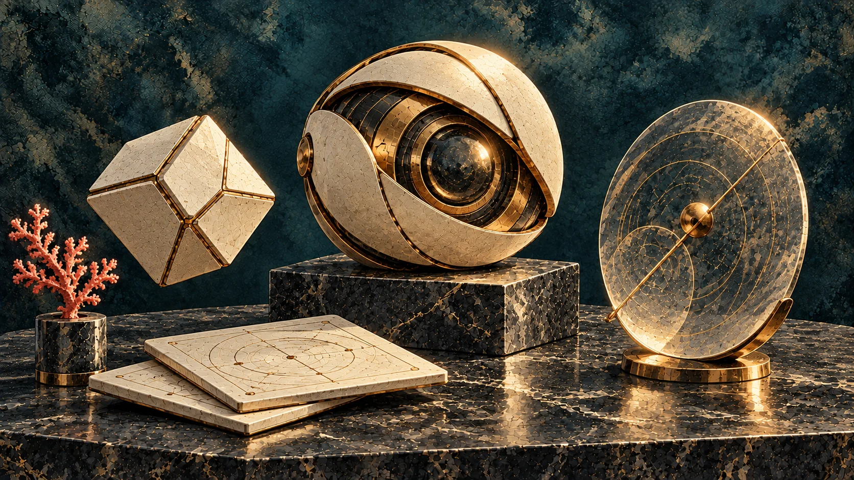 Still life on a black marble table: a floating cube, a coral in a marble pot, a mosaic sphere with a gold lens like an eye, two engraved tiles and a glass astrolabe on a brass stand
