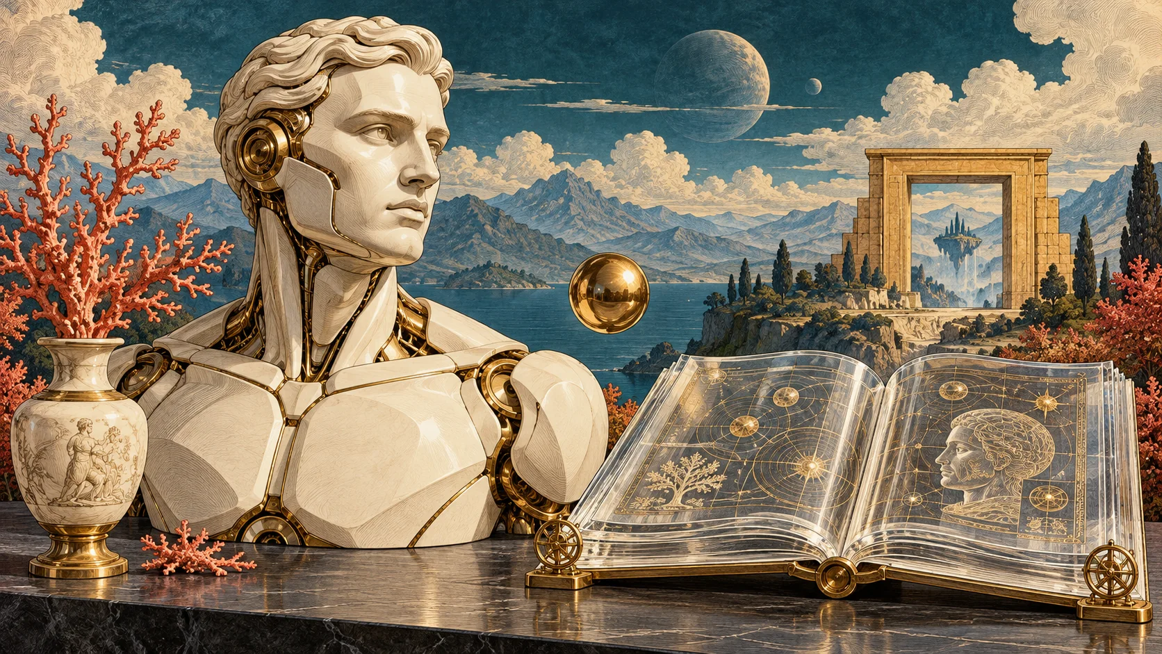 A marble bust of a young man with gold mechanical joints beside a coral, a Greek vase, a floating gold sphere and an open glass book of star charts; a golden gate stands on a distant shore