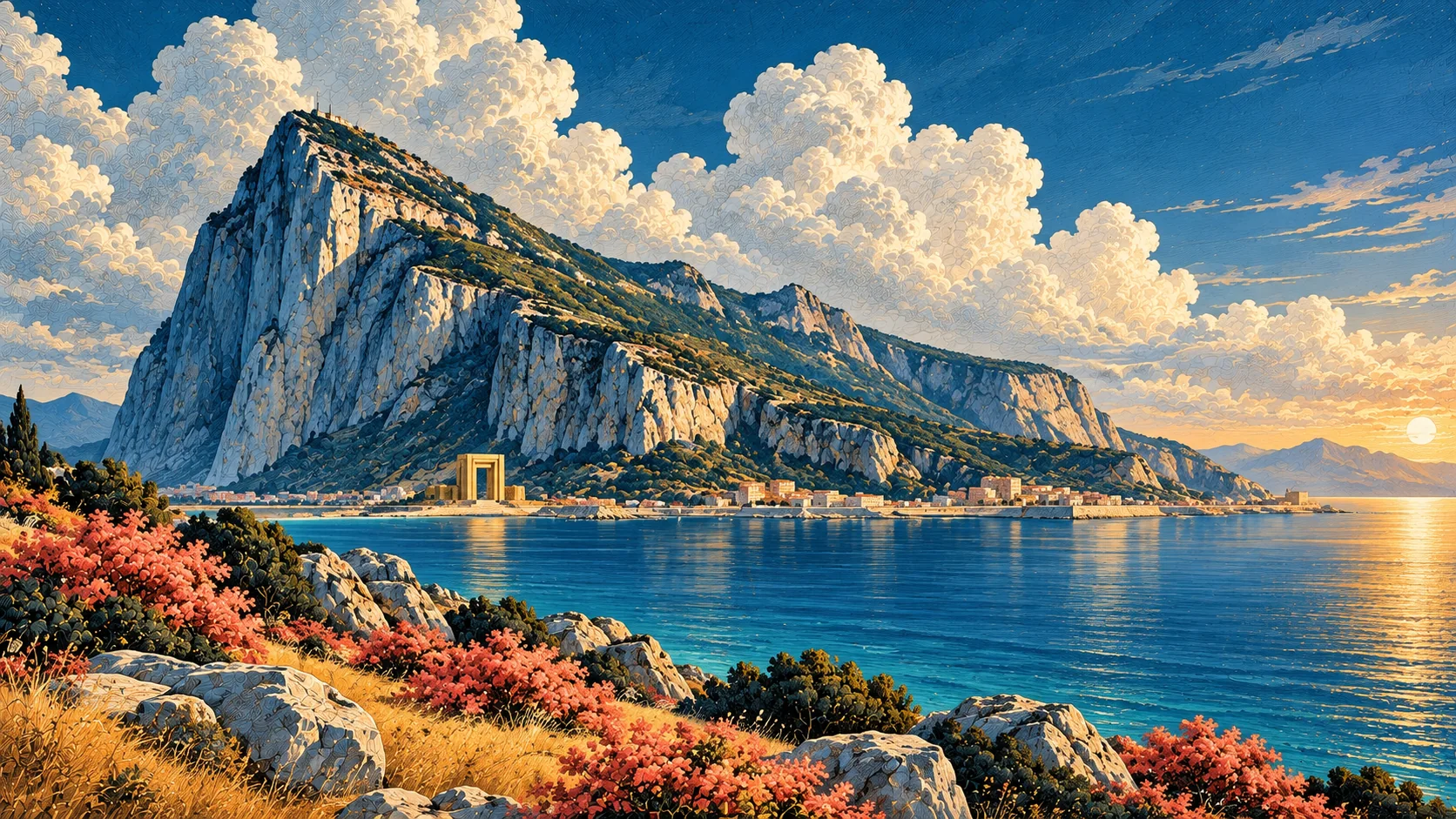 Painting of the Rock of Gibraltar over a blue bay at golden hour, with a small golden gate standing on the shore